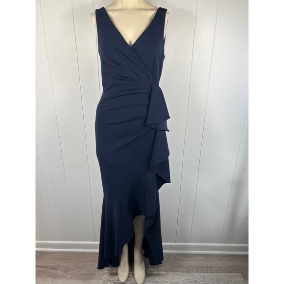 Betsy & Adam CANDACE LONG V- NECK HI LOW CASCADE DRESS in Navy. Size 6 - Picture 3 of 6